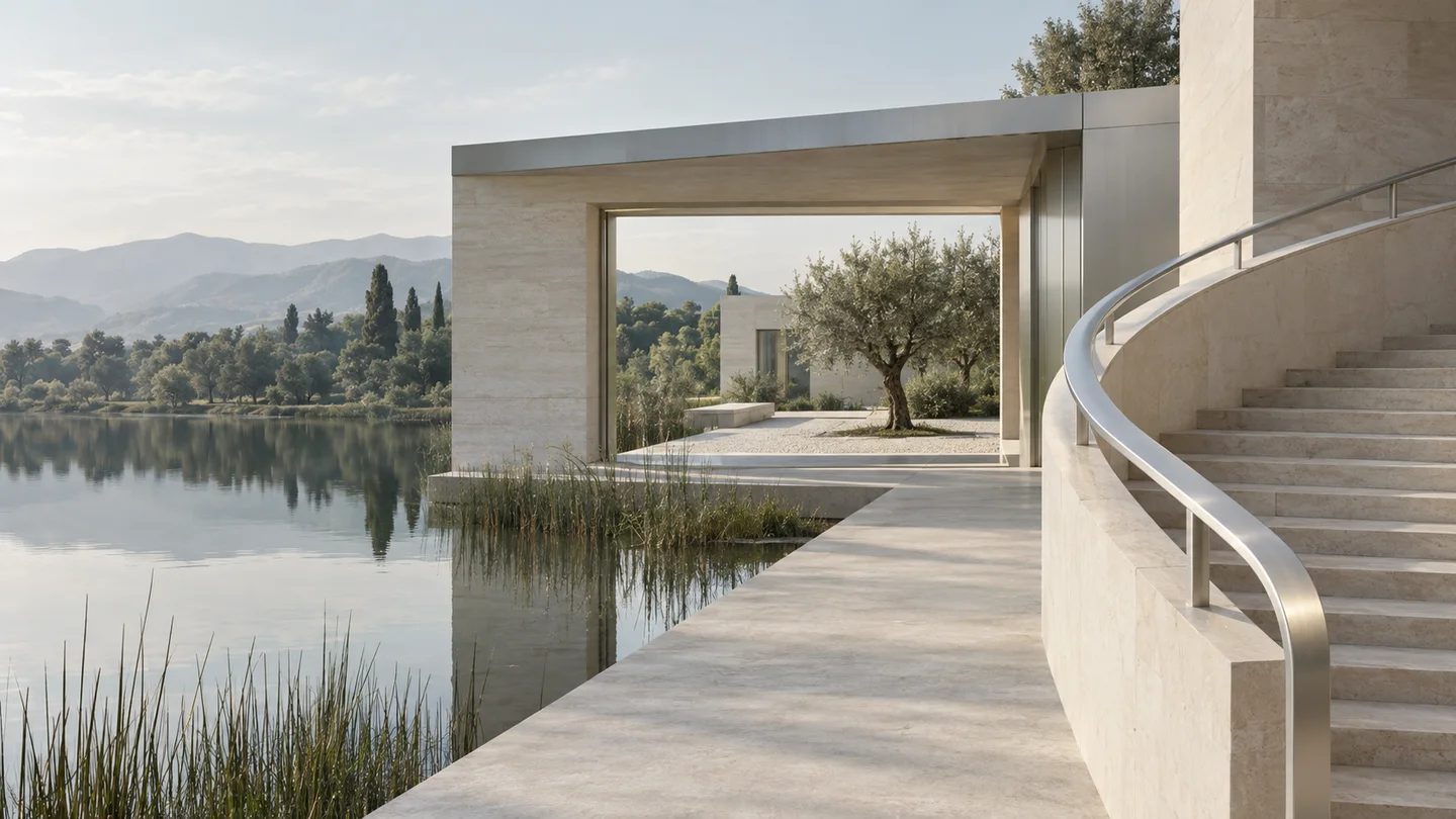 A peaceful lakeside pavilion with a sweeping staircase