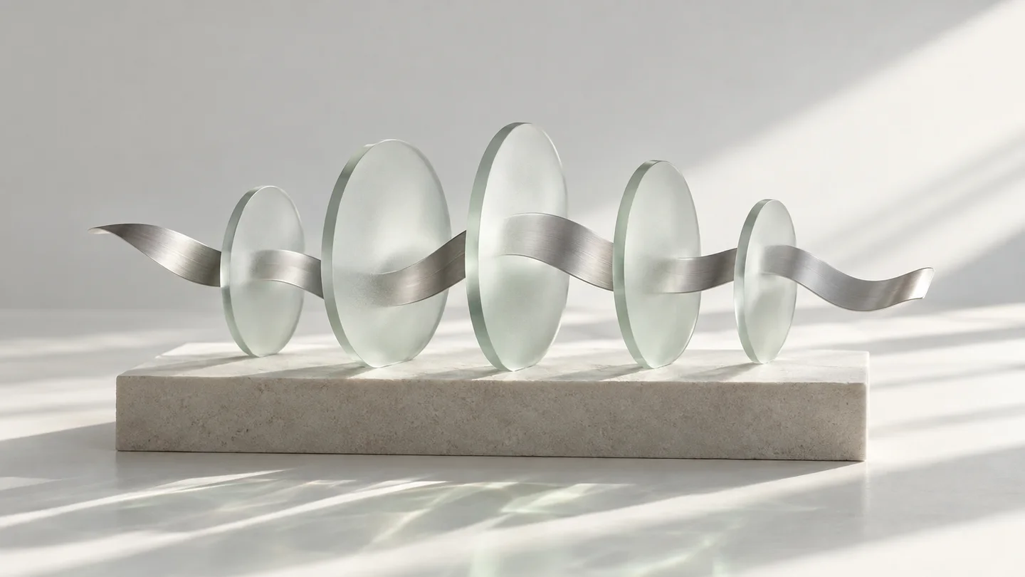 A silver ribbon flowing through translucent glass discs